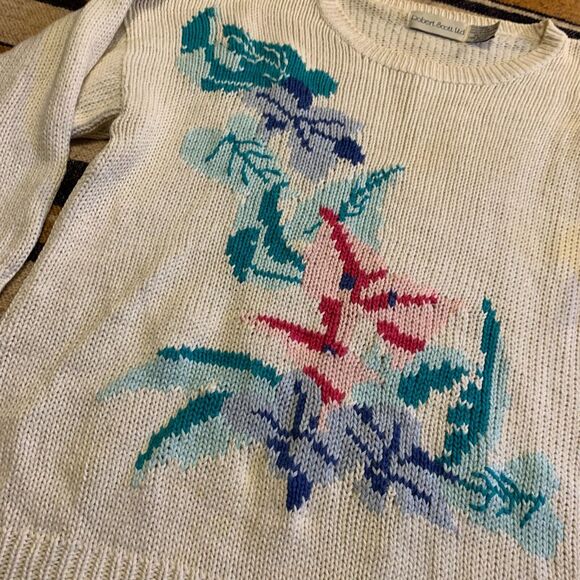 Vintage Knit Sweater Cottagecore 90s Granny Pastel Pullover Floral Small - Picture 2 of 6